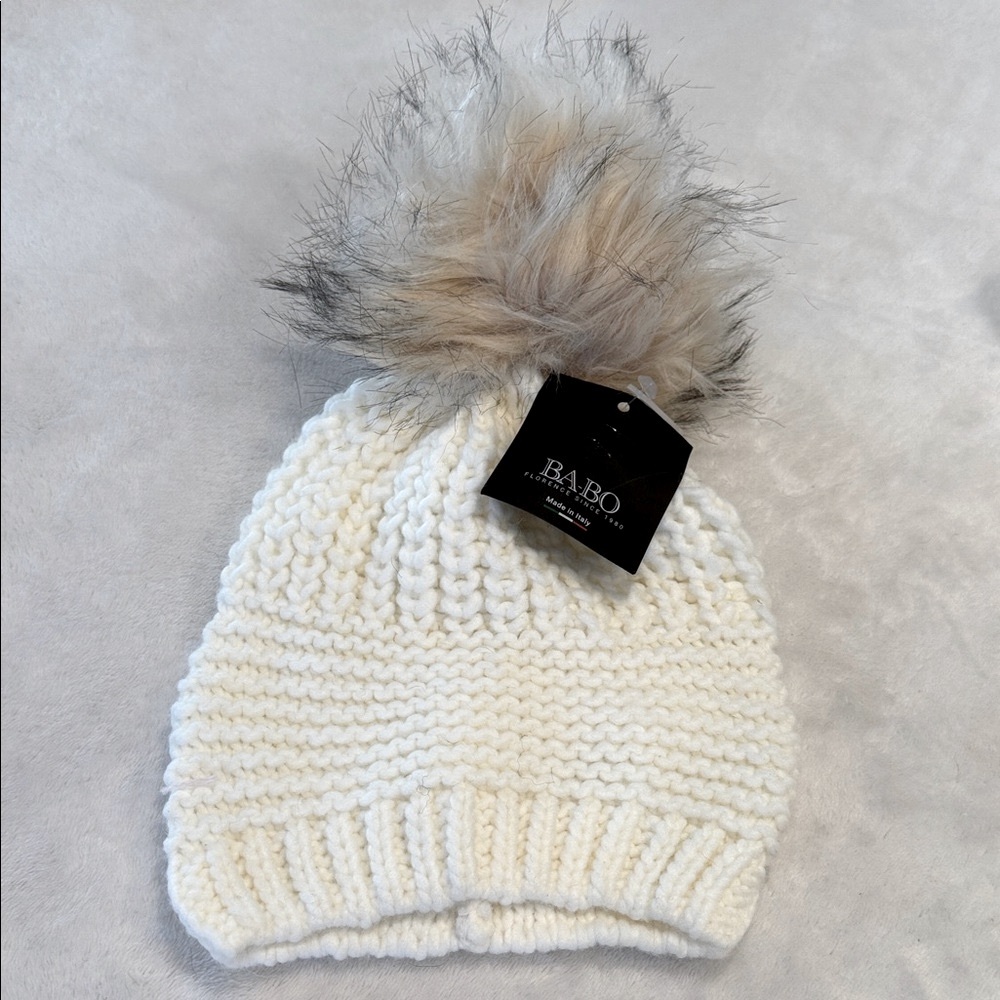 Babo wool blend Cream Knit Beanie hat with a faux fur Pom-Pom soft warm cozy OS